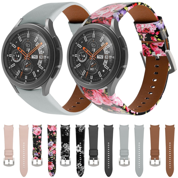 For Samsung Galaxy Watch4 40mm / 44mm Genuine Leather Watch Band(Black Pink Flowers) by bashfashion