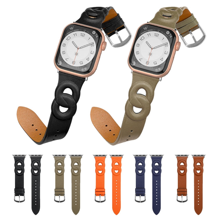 Double Rings Genuine Leather Watch Band For Apple Watch Series 9&8&7 41mm / SE 3&SE 2&6&SE&5&4 40mm / 3&2&1 38mm(Black) by bashfashion