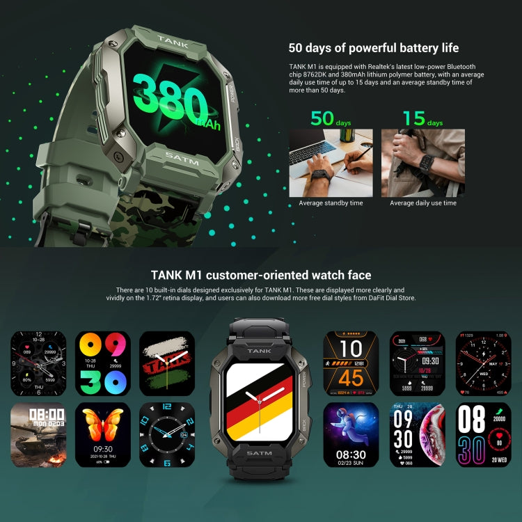 TANK M1 1.72 TFT Screen Smart Watch, Support Sleep Monitoring / Heart Rate Monitoring(Army Green) by bashfashion