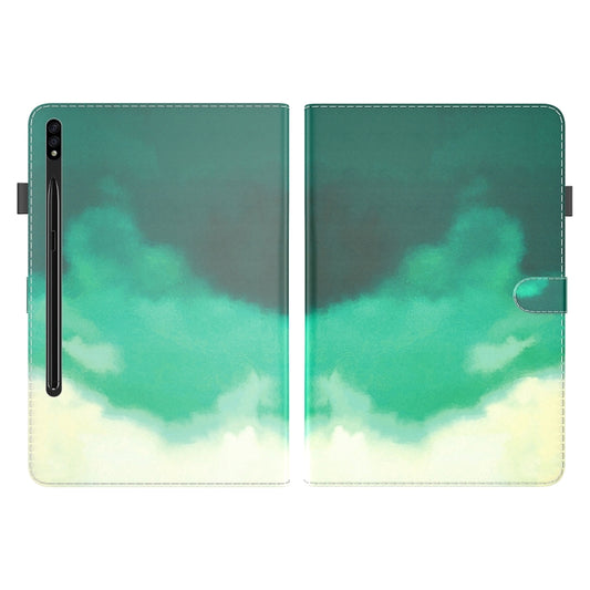 For Samsung Galaxy Tab S9 Watercolor Pattern Flip Leather Tablet Case(Cyan Green) by bashfashion