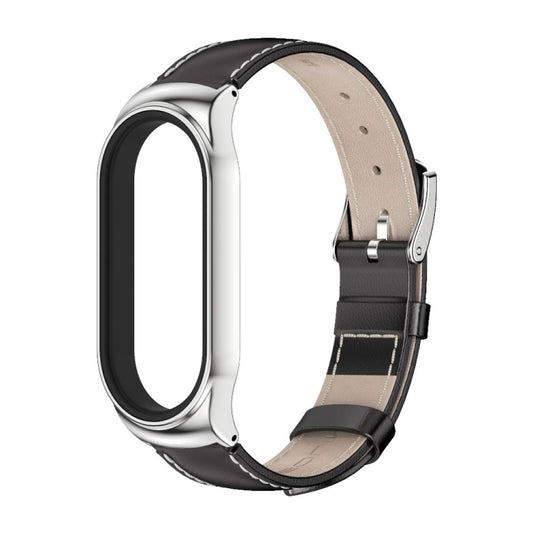 For Xiaomi Mi Band 7 / 7 NFC MIJOBS CS Metal Case Genuine Leather Top Layer Cowhide Watch Band(Black Silver) by MIJOBS