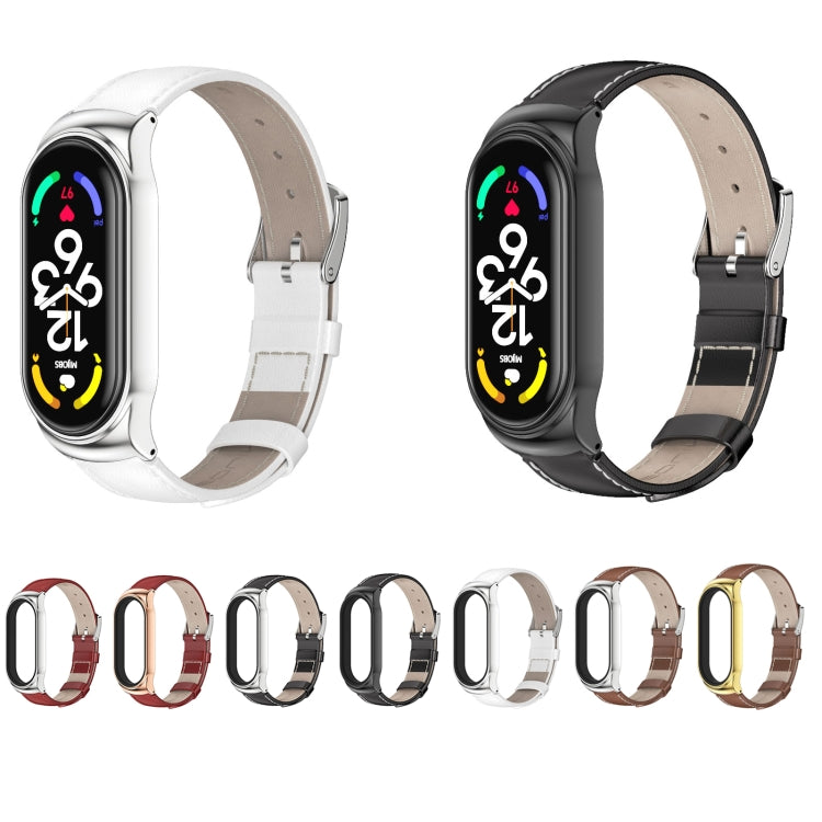 For Xiaomi Mi Band 7 / 7 NFC MIJOBS CS Metal Case Genuine Leather Top Layer Cowhide Watch Band(White Silver) by MIJOBS