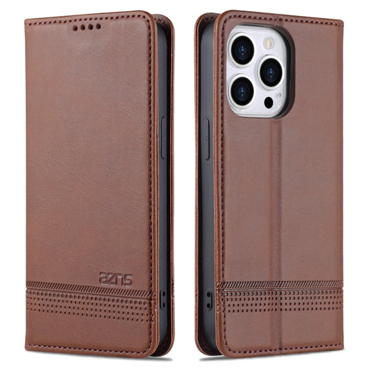 For iPhone 14 Pro AZNS Magnetic Calf Texture Flip Leather Phone Case(Dark Brown) by AZNS