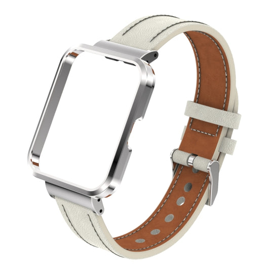 For Xiaomi Redmi Watch 2 Genuine Leather Metal Case Integrated Watch Band(Warm White+Silver Case) by bashfashion