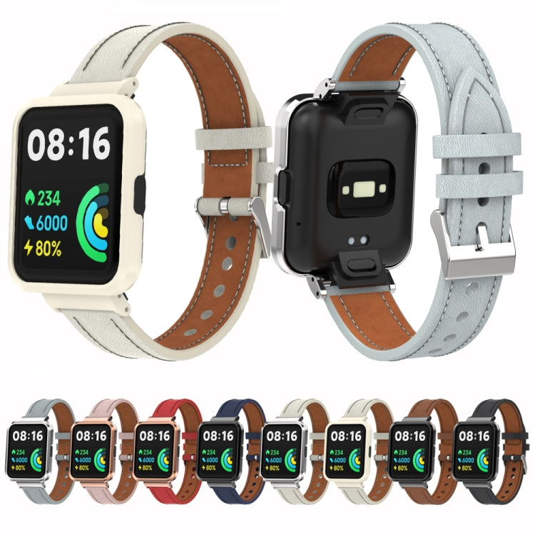 For Xiaomi Redmi Watch 2 Genuine Leather Metal Case Integrated Watch Band(Warm White+Silver Case) by bashfashion