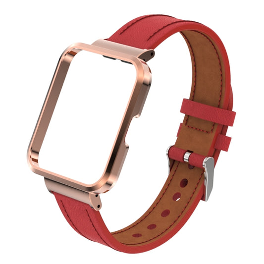 For Xiaomi Redmi Watch 2 Lite Genuine Leather Metal Case Integrated Watch Band(Red) by bashfashion