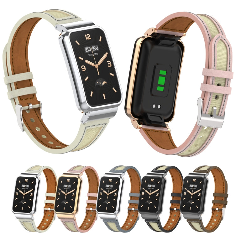 For Xiaomi Mi Band 7 Pro Collage Small Waist Leather Metal Frame Watch Band(Warm White) by bashfashion
