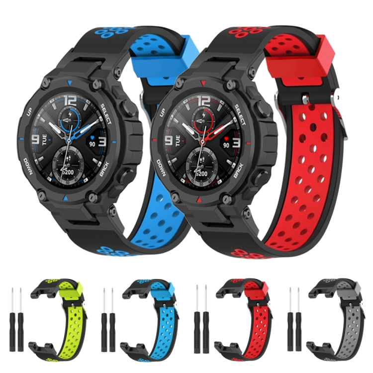 For Amazfit T-Rex / T-Rex Pro / Ares 3-Row Holes Two-color Silicone Watch Band(Black Red) by bashfashion