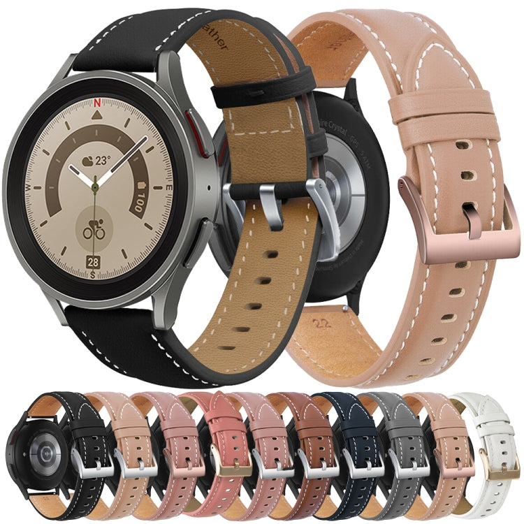 For Samsung Galaxy Watch5 40mm / 44mm Stitching Genuine Leather Watch Band(Light Pink+Silver) by bashfashion