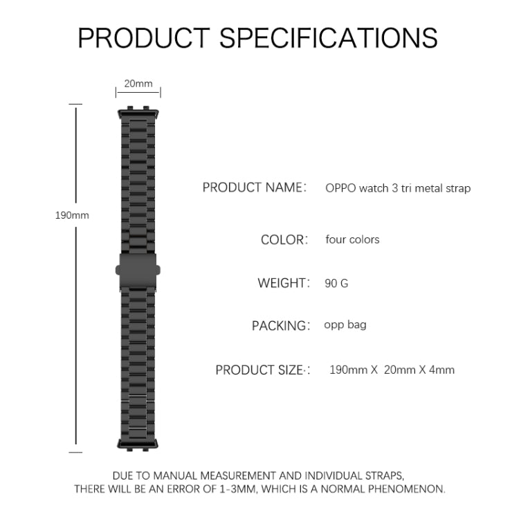 For OPPO Watch 3 Three-bead Flat Buckle Stainless Steel Watch Band(Black) by bashfashion