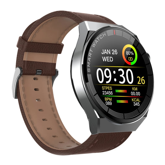 GW69 Plus Smart Watch, Support BT Call / Heart Rate / Blood Pressure / Blood Oxygen(Silver + Leather Strap Brown) by bashfashion