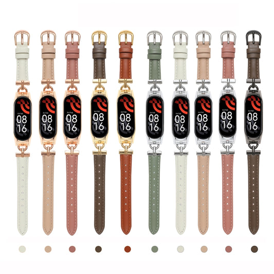 For Xiaomi Mi Band 3 / 4 D-shaped Steel + Genuine Leather Watch Band(Black Brown) by bashfashion