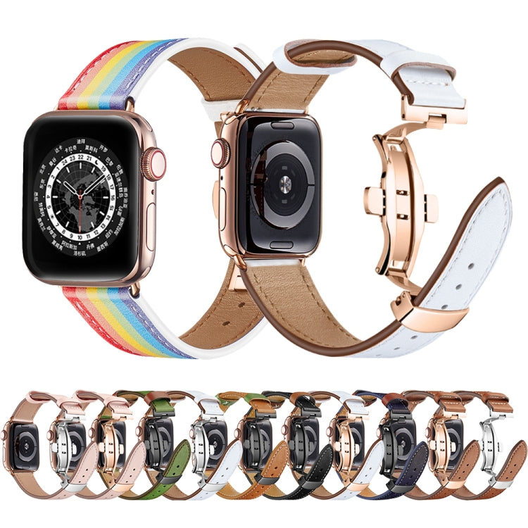 Butterfly Buckle Genuine Leather Watch Band For Apple Watch Ultra 49mm&Watch Ultra 2 49mm / Series 9&8&7 45mm / SE 3&SE 2&6&SE&5&4 44mm / 3&2&1 42mm(Light Pink+Black Buckle) by bashfashion