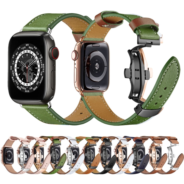 Butterfly Buckle Genuine Leather Watch Band For Apple Watch Series 9&8&7 41mm / SE 3&SE 2&6&SE&5&4 40mm / 3&2&1 38mm(Green+Black Buckle) by bashfashion