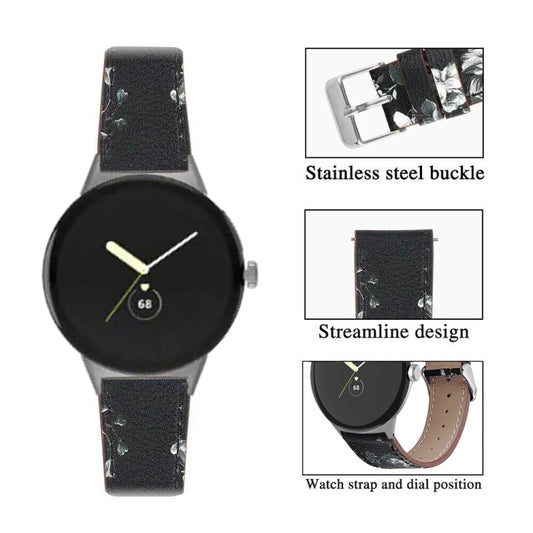 For Google Pixel Watch 1 / 2 / 3 41mm Round Tail Genuine Leather Watch Band(Black White Flower) by bashfashion