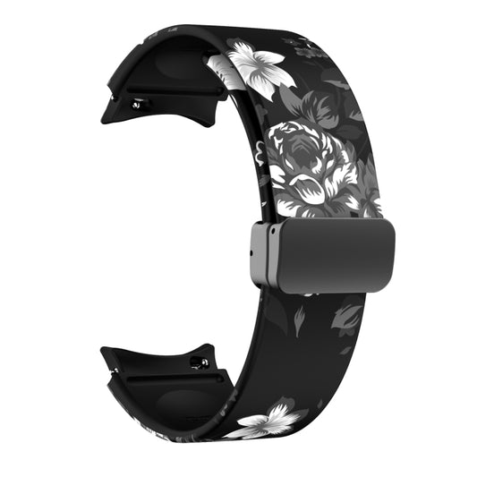 For Samsung Galaxy Watch5 Magnetic Printed Silicone Watch Band(Black and Grey Flower) by bashfashion