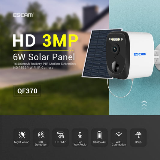 ESCAM QF370 3MP Cloud Storage PT WIFI Solar Panel IP Camera with PIR Alarm Support Night Vision & Two Way Audio by ESCAM