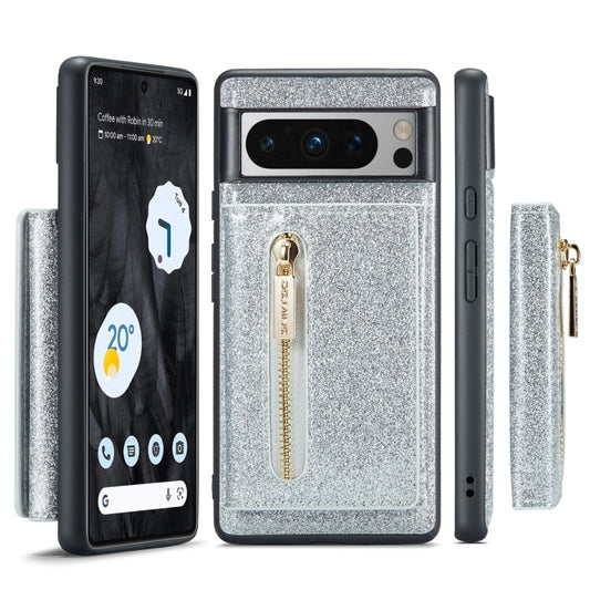 For Google Pixel 8 Pro DG.MING M3 Series Glitter Powder Card Bag Leather Case(Silver) by DG.MING