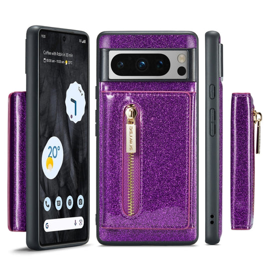 For Google Pixel 8 Pro DG.MING M3 Series Glitter Powder Card Bag Leather Case(Dark Purple) by DG.MING