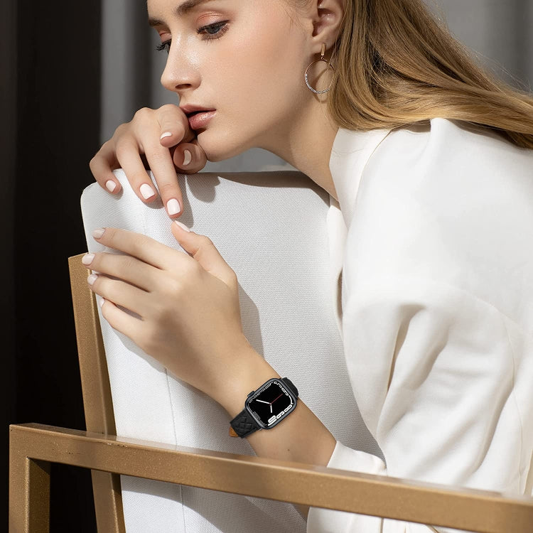 Rhombus Pattern Genuine Leather Watch Band For Apple Watch Series 9&8&7 41mm / SE 3&SE 2&6&SE&5&4 40mm / 3&2&1 38mm(Black) by bashfashion