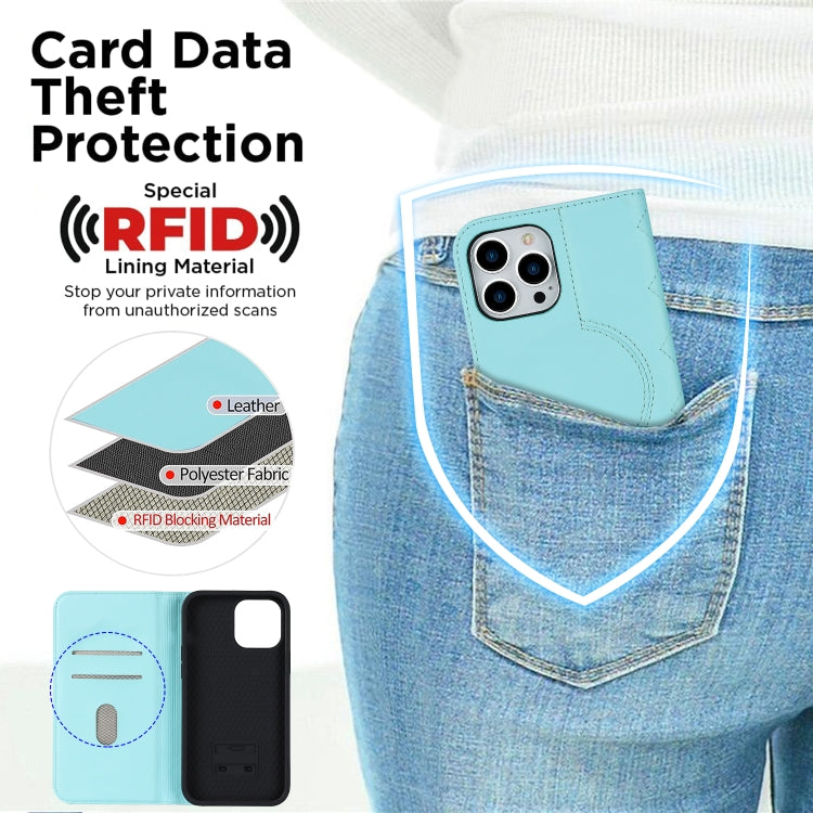 For iPhone 14 Pro Max Rhombic MagSafe RFID Anti-Theft Wallet Leather Phone Case(Sky Blue) by bashfashion