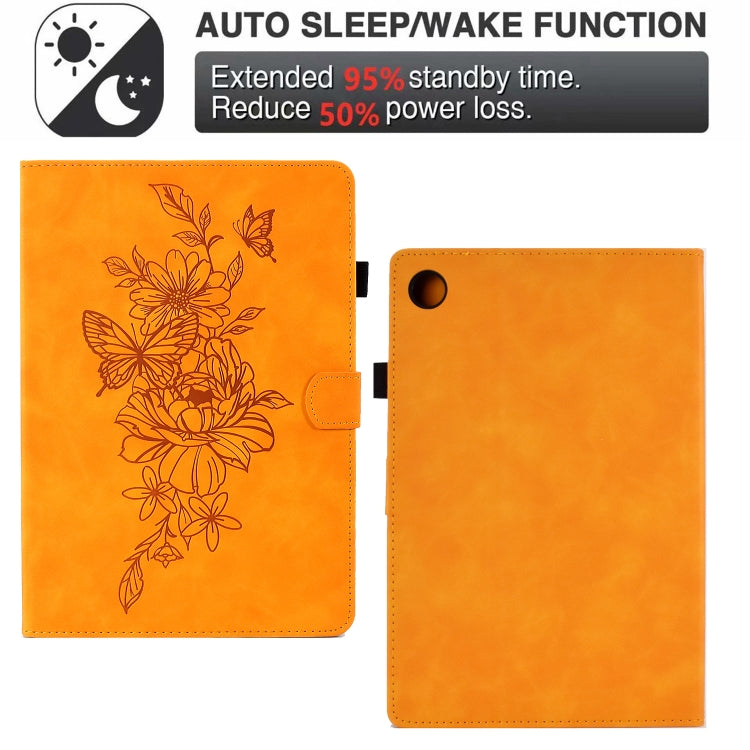 For Samsung Galaxy Tab A8 10.5 2021 X205 Peony Butterfly Embossed Leather Smart Tablet Case(Khaki) by bashfashion