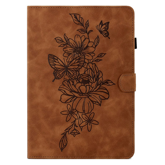 For Samsung Galaxy Tab S6 Lite P610 Peony Butterfly Embossed Leather Smart Tablet Case(Brown) by bashfashion