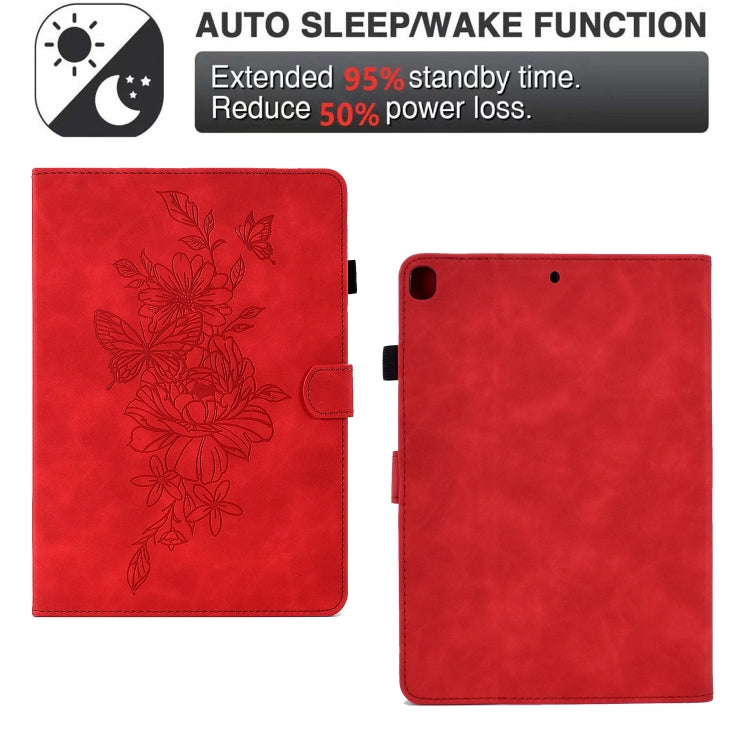 For Samsung Galaxy Tab A7 10.4 2020 T500 Peony Butterfly Embossed Leather Smart Tablet Case(Red) by bashfashion