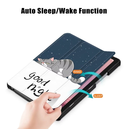 For Lenovo Tab M9 TB-310FU 3-folding Coloured Drawing Leather Smart Tablet Case(Lazy Cat) by bashfashion