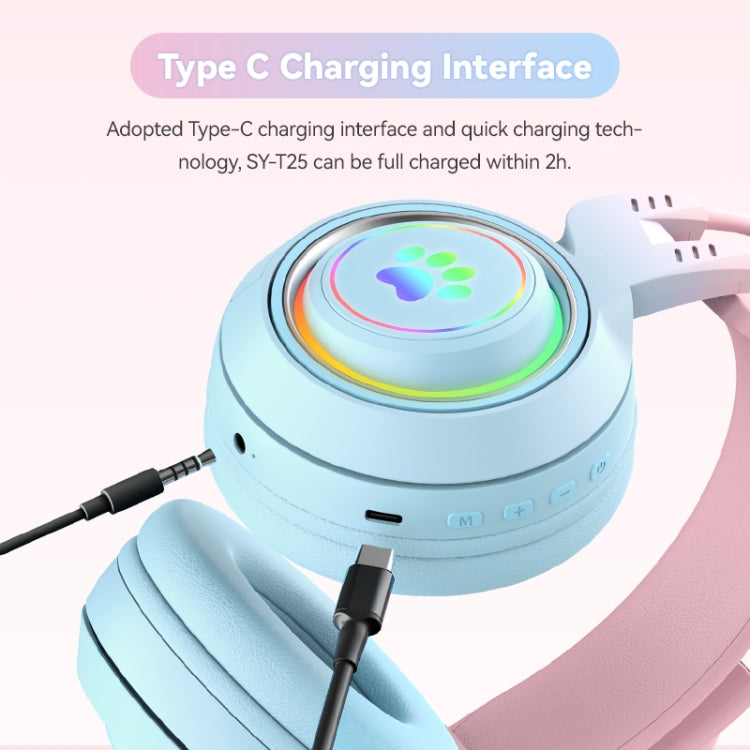 T25 RGB Stereo Cat Ear Bluetooth Wireless Headphones with Detachable Microphone(Pink) by bashfashion