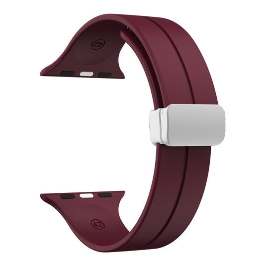 Magnetic Fold Clasp Silicone Watch Band For Apple Watch Ultra 49mm&Watch Ultra 2 49mm / Series 9&8&7 45mm / SE 3&SE 2&6&SE&5&4 44mm / 3&2&1 42mm(Wine Red) by bashfashion