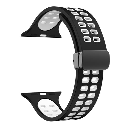Magnetic Fold Clasp Square Holes Silicone Watch Band For Apple Watch Ultra 49mm&Watch Ultra 2 49mm / Series 9&8&7 45mm / SE 3&SE 2&6&SE&5&4 44mm / 3&2&1 42mm(Black White) by bashfashion