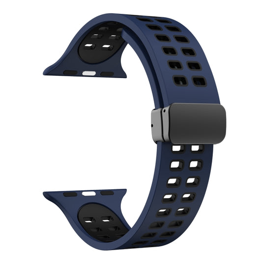 Magnetic Fold Clasp Square Holes Silicone Watch Band For Apple Watch Ultra 49mm&Watch Ultra 2 49mm / Series 9&8&7 45mm / SE 3&SE 2&6&SE&5&4 44mm / 3&2&1 42mm(Dark Blue Black) by bashfashion
