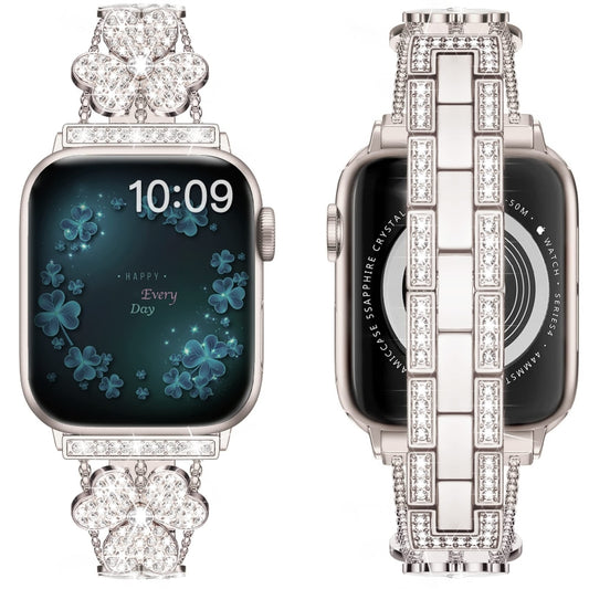 3-Leaf Clover Diamond Watch Band For Apple Watch Ultra 49mm&Watch Ultra 2 49mm / Series 9&8&7 45mm / SE 3&SE 2&6&SE&5&4 44mm / 3&2&1 42mm(Starlight) by bashfashion