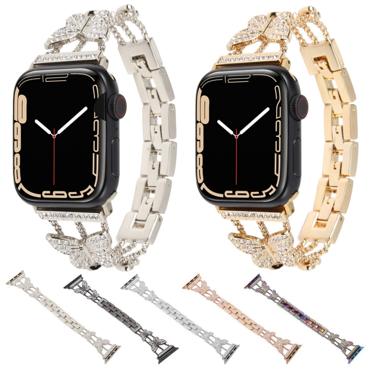 Butterfly Metal Diamond Watch Band For Apple Watch Ultra 49mm&Watch Ultra 2 49mm / Series 9&8&7 45mm / SE 3&SE 2&6&SE&5&4 44mm / 3&2&1 42mm(Gold) by bashfashion