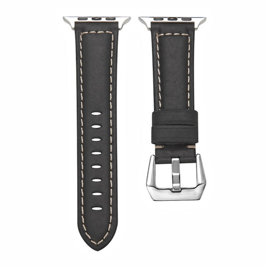 For Apple Watch Series 9&8&7 41mm / SE 3&SE 2&6&SE&5&4 40mm / 3&2&1 38mm Silver Buckle Genuine Leather Watch Band(Frosted Black) by bashfashion