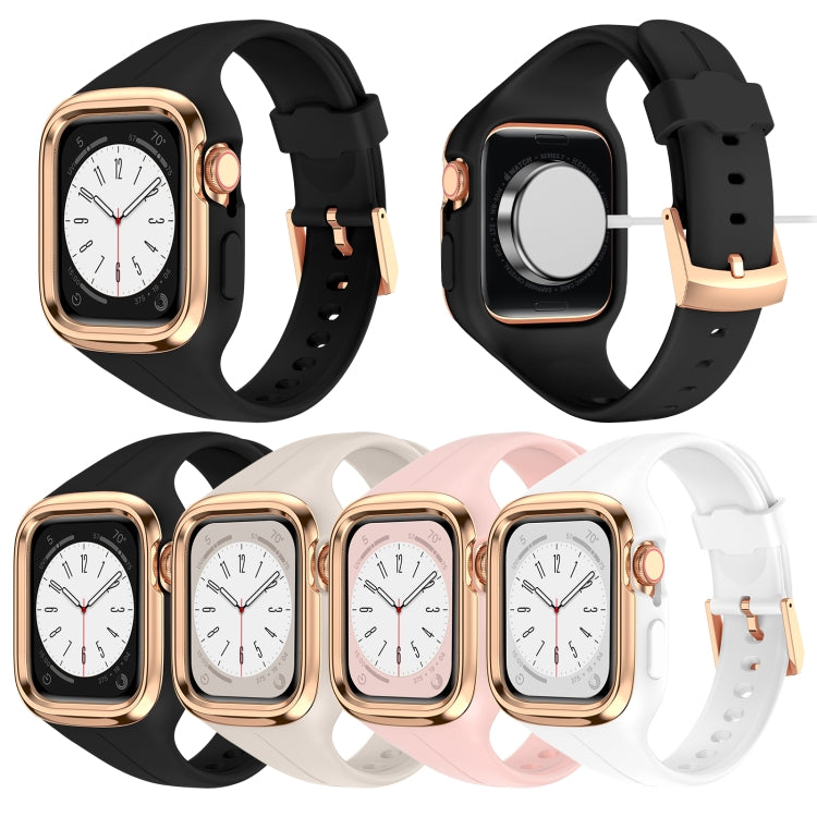 Stainless Steel Frame Silicone Watch Band For Apple Watch Series 9&8&7 41mm / SE 3&SE 2&6&SE&5&4 40mm / 3&2&1 38mm(Pink) by bashfashion