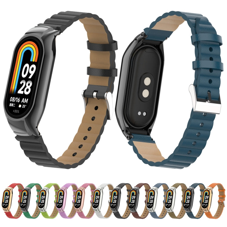 For Xiaomi Mi Band 8 Integrated Metal Case + Bamboo Leather Watch Band(Black) by bashfashion