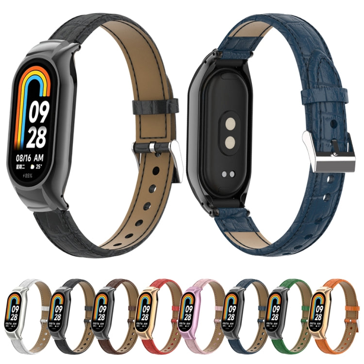 For Xiaomi Mi Band 8 Integrated Metal Case + Cocodile Texture Leather Watch Band(White) by bashfashion