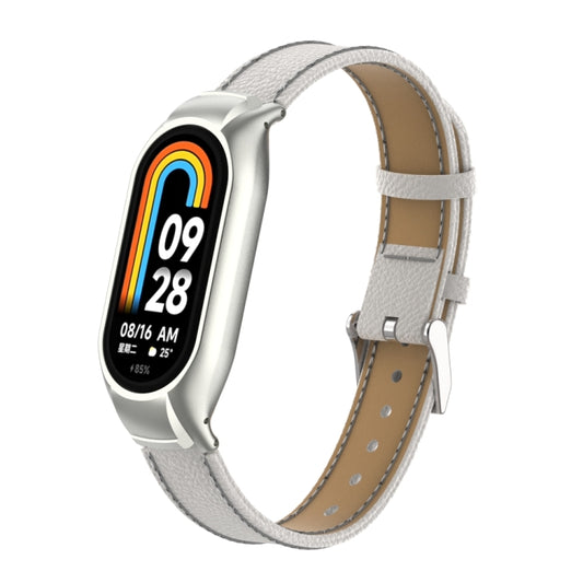 For Xiaomi Mi Band 8 Integrated Metal Case + Litchi Texture Leather Watch Band(White) by bashfashion