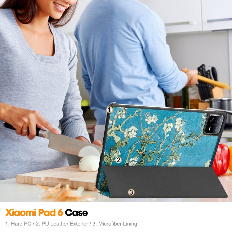 For Xiaomi Pad 6 / 6 Pro Custer Painted 3-Fold Stand Leather Smart Tablet Case(Apricot Blossom) by bashfashion