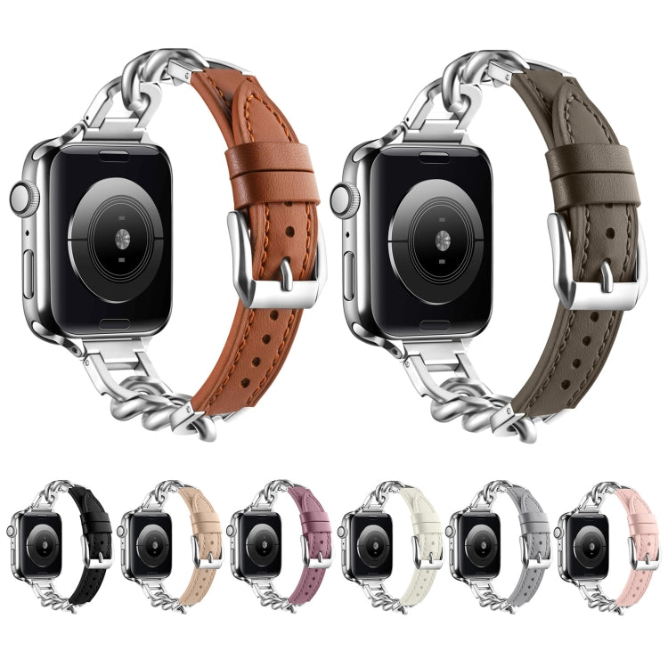 Chain Genuine Leather Watch Band For Apple Watch Ultra 49mm&Watch Ultra 2 49mm / Series 9&8&7 45mm / SE 3&SE 2&6&SE&5&4 44mm / 3&2&1 42mm, Size:L(Beige) by bashfashion