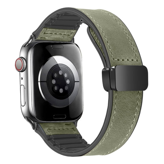 Magnetic Folding Silicone Leather Watch Band For Apple Watch Ultra 49mm&Watch Ultra 2 49mm / Series 9&8&7 45mm / SE 3&SE 2&6&SE&5&4 44mm / 3&2&1 42mm (Army Green) by bashfashion