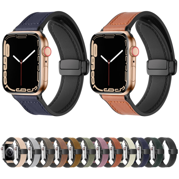 Magnetic Folding Silicone Leather Watch Band For Apple Watch Ultra 49mm&Watch Ultra 2 49mm / Series 9&8&7 45mm / SE 3&SE 2&6&SE&5&4 44mm / 3&2&1 42mm (Apricot) by bashfashion