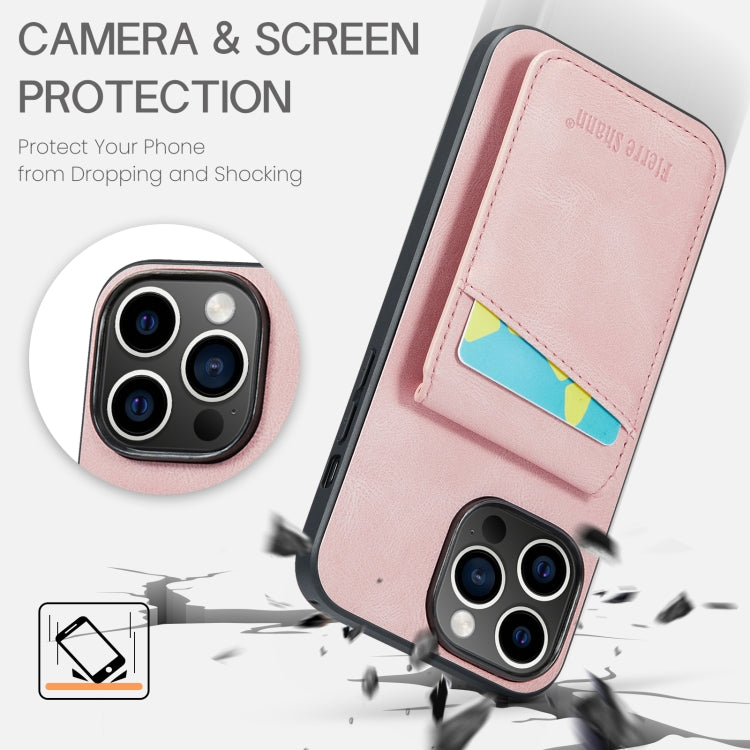 For iPhone 14 Pro Fierre Shann Crazy Horse Card Holder Back Cover PU Phone Case(Pink) by FIERRE SHANN