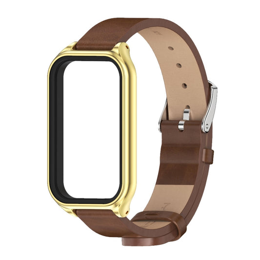 For Xiaomi Smart Band 8 Active / Redmi Band 2 Mijobs Metal Shell Microfiber PU Leather Watch Band(Brown Gold) by MIJOBS