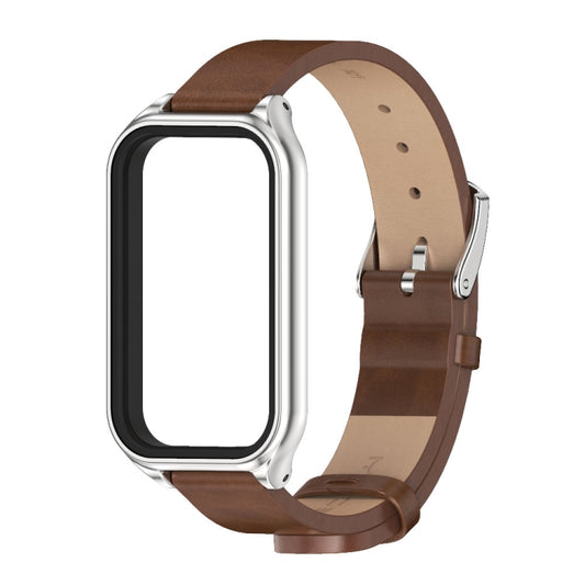 For Xiaomi Smart Band 8 Active / Redmi Band 2 Mijobs Metal Shell Microfiber PU Leather Watch Band(Brown Silver) by MIJOBS