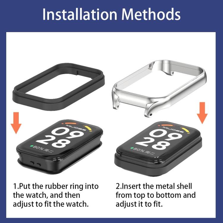 For Xiaomi Smart Band 8 Active / Redmi Band 2 Mijobs Metal Shell Silicone Watch Band(White Silver) by MIJOBS