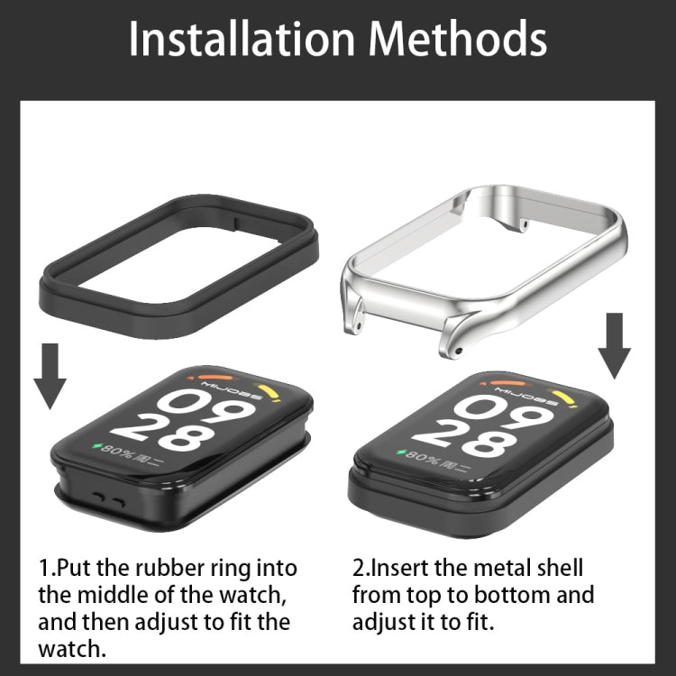 For Xiaomi Smart Band 8 Active / Redmi Band 2 Mijobs Metal Shell Genuine Leather Watch Band(White Silver) by MIJOBS