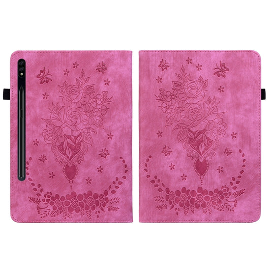 For Samsung Galaxy Tab S9 Butterfly Rose Embossed Leather Tablet Case(Rose Red) by bashfashion